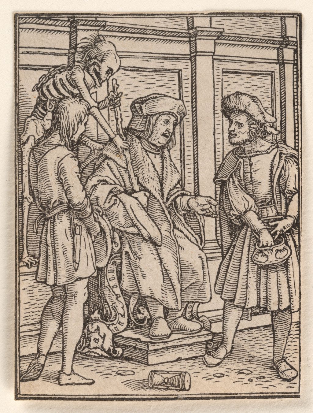 Death reaches over the judge while the living figures seek access to his authority. The Judge, designed by Hans Holbein the Younger and cut by Hans Lützelburger. The Metropolitan Museum of Art, Rogers Fund, 1919, 19.57.18.